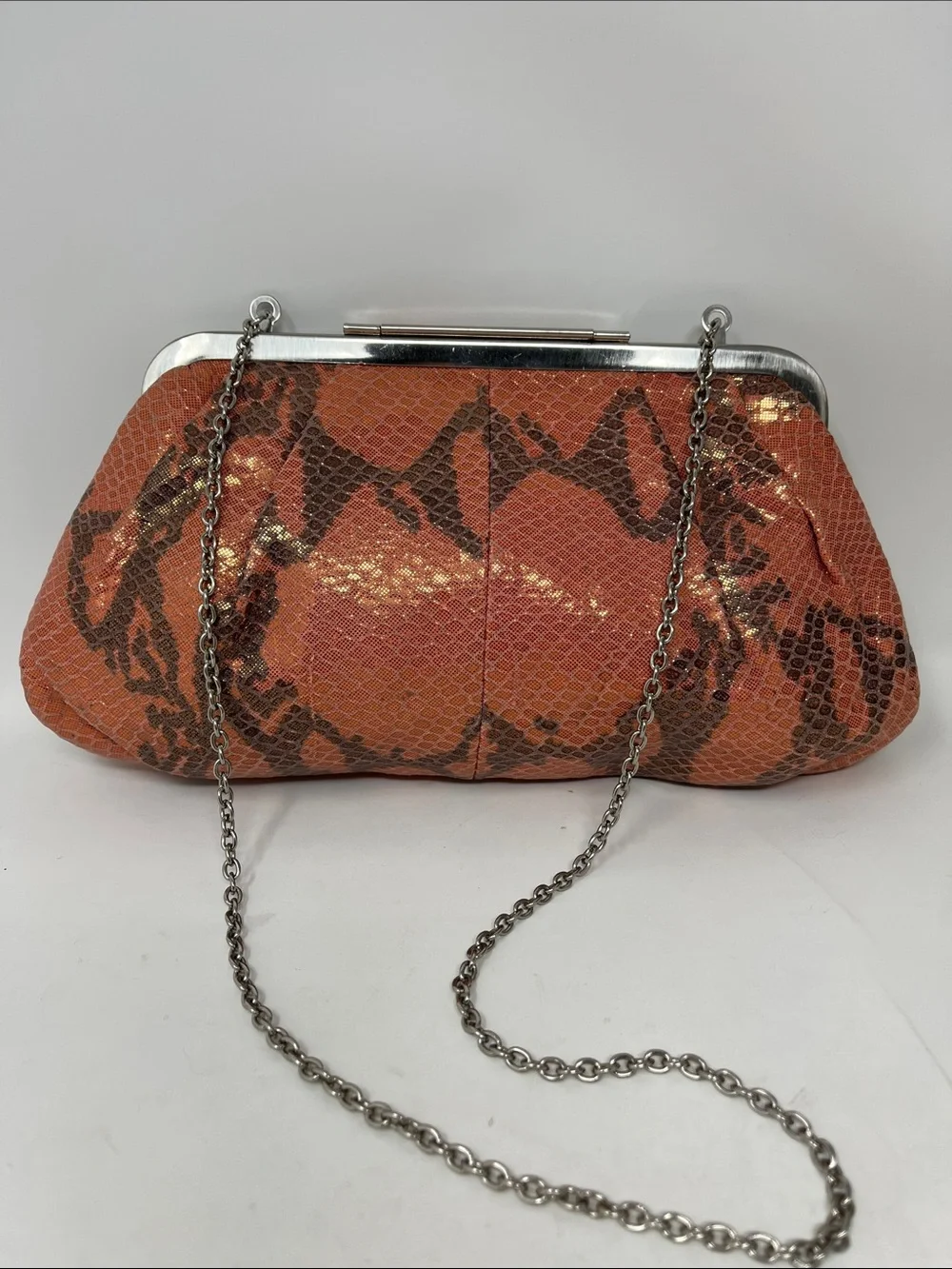 ANNABEL INGALL AUSTRALIA IRIDESCENT SNAKESKIN PEACH AND GRAY CLUTCH BAG